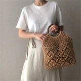 Rattan Cotton Rope Hollow Woven Beach Bag Storage Tote Shoulder Bag