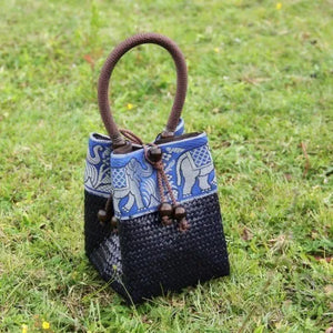 Vintage Distressed Straw Bag Woven Mini Tote Bucket Bag