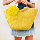 Rattan Handle Woven Flower Straw Bag Women Large-Capacity Handbag