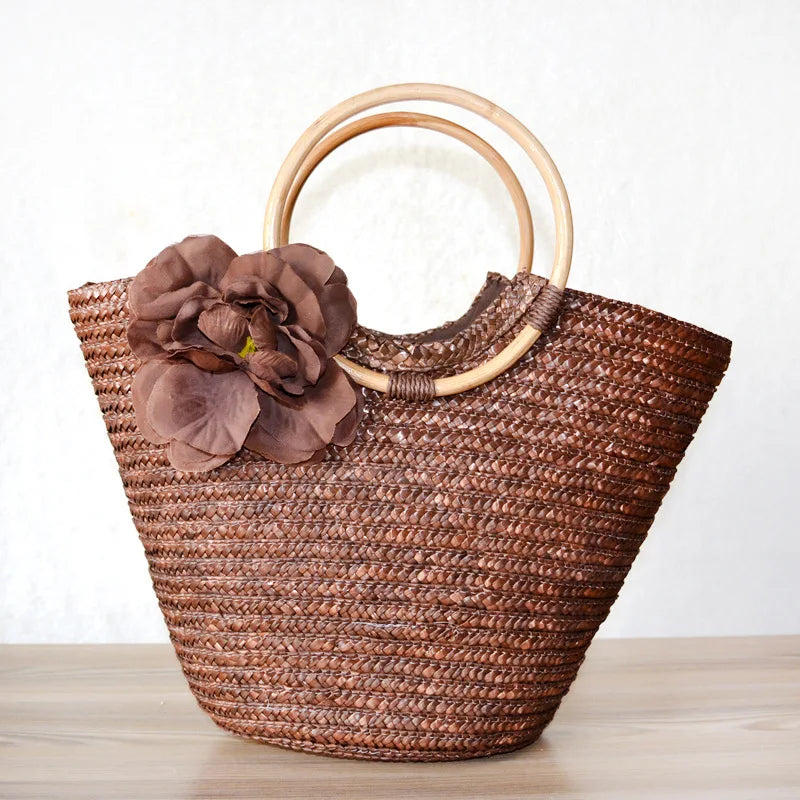 Rattan Handle Woven Flower Straw Bag Women Large-Capacity Handbag