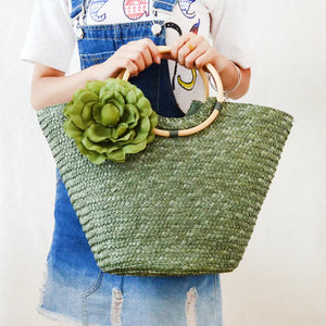 Rattan Handle Woven Flower Straw Bag Women Large-Capacity Handbag