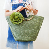 Rattan Handle Woven Flower Straw Bag Women Large-Capacity Handbag