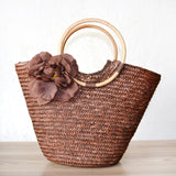 Rattan Handle Woven Flower Straw Bag Women Large-Capacity Handbag