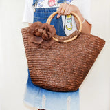 Rattan Handle Woven Flower Straw Bag Women Large-Capacity Handbag