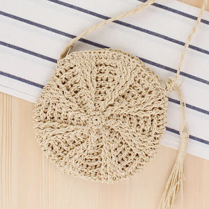Rattan Woven Round Straw Beach Bag Tassel Khaki Beige