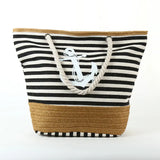 Navy Style Canvas Tote Bag with Straw Weave Beach Shopping Bag