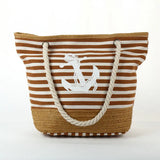 Navy Style Canvas Tote Bag with Straw Weave Beach Shopping Bag