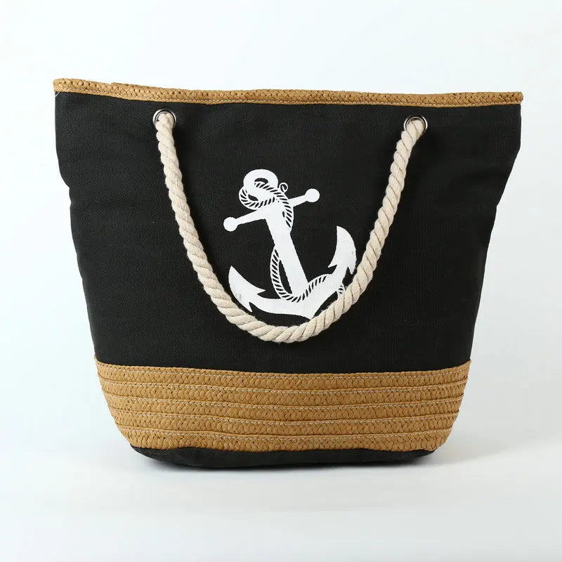 Navy Style Canvas Tote Bag with Straw Weave Beach Shopping Bag