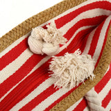 Navy Style Canvas Tote Bag with Straw Weave Beach Shopping Bag
