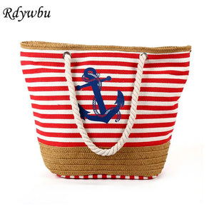 Navy Style Canvas Tote Bag with Straw Weave Beach Shopping Bag