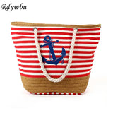 Navy Style Canvas Tote Bag with Straw Weave Beach Shopping Bag