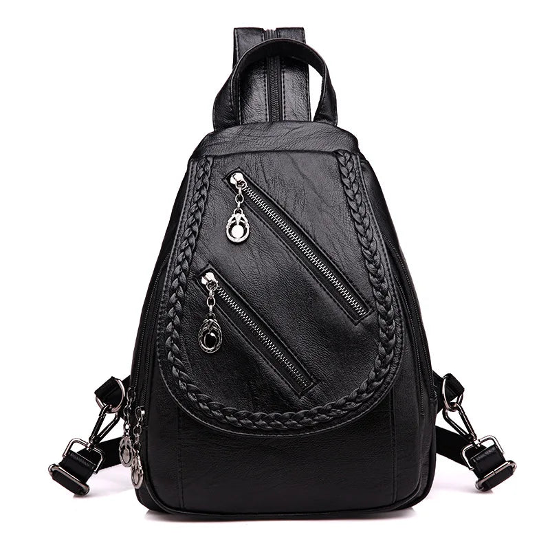 Double Zippered Women Small Backpack PU Leather Travel Back Pack Mini School