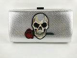 Skull & Rose Embroidered Chain Handbag Metal Clutch Party Bag