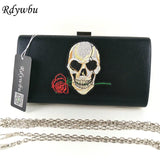 Skull & Rose Embroidered Chain Handbag Metal Clutch Party Bag