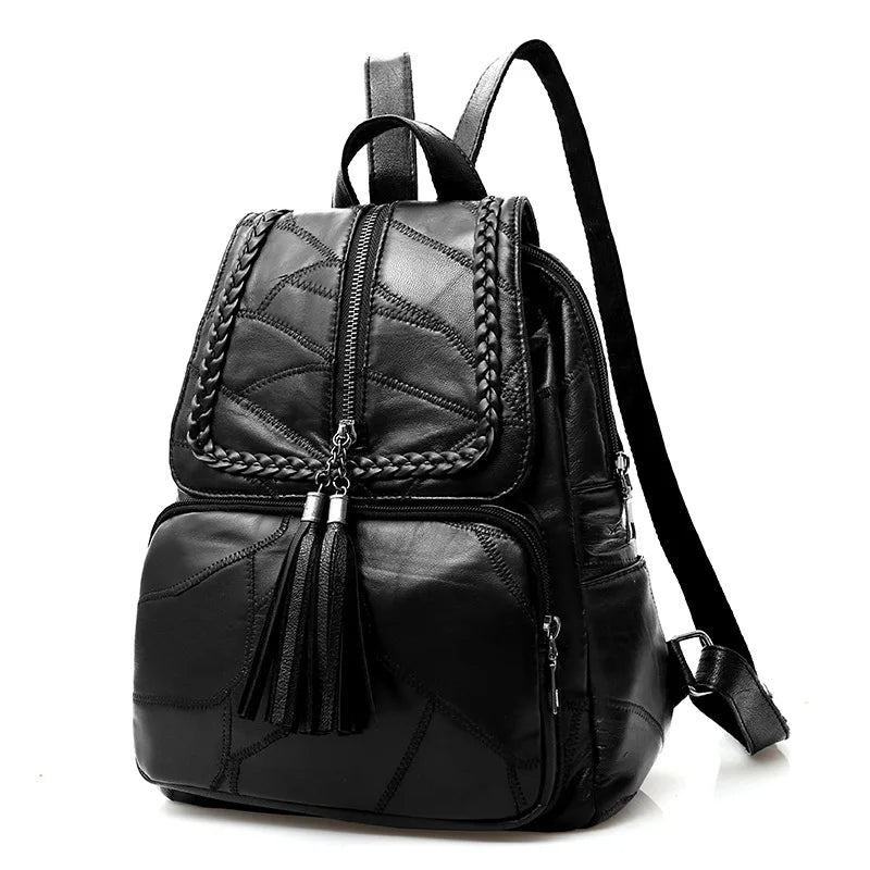 Leather Sheepskin Backpack Tassels Travel Bag Weave School Bag B195