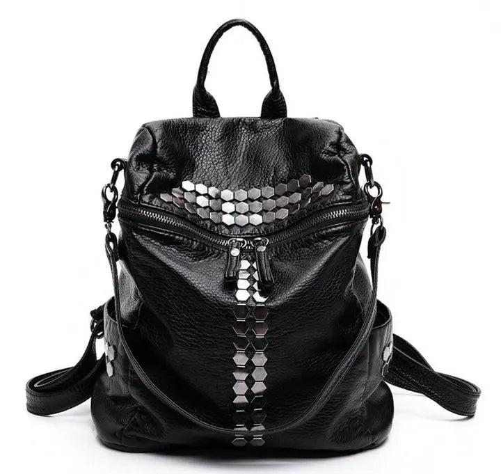 High Star Backpack Wash Water PU Leather Travel Bag Women Leisure Rivets Girl