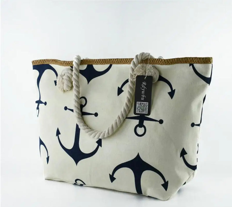 Women Large Capacity Straw Weave Anchor Canvas Beach Tote Bag