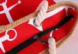 Women Large Capacity Straw Weave Anchor Canvas Beach Tote Bag