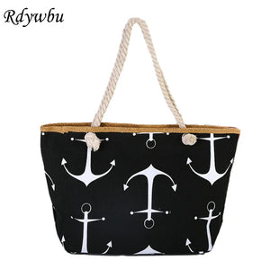 Women Large Capacity Straw Weave Anchor Canvas Beach Tote Bag