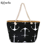 Women Large Capacity Straw Weave Anchor Canvas Beach Tote Bag