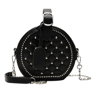 Mini Plaid Round Bag PU Leather Stud Shoulder Handbag Chain Crossbody B189