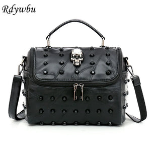 Real Split Leather Messenger Bag Rivet Skull Tote Handbag