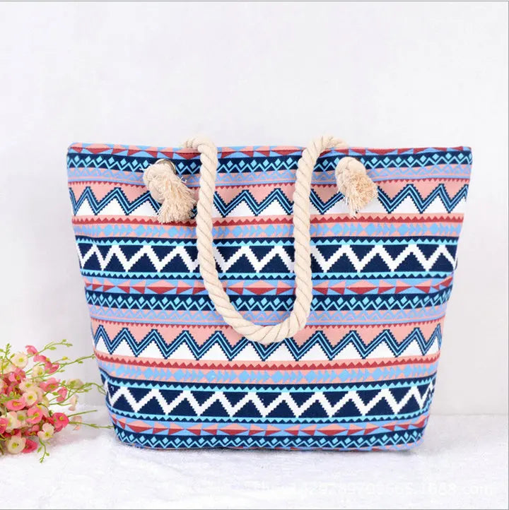 Women Ethnic Striped Bohemian Canvas Tote Bag B64045