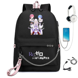 Re:Zero Backpack USB Student Schoolbag Travel Laptop Bag