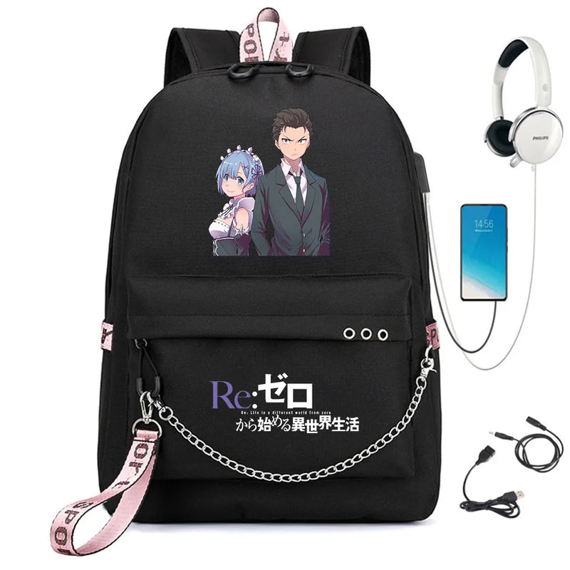 Re:Zero Backpack USB Student Schoolbag Travel Laptop Bag