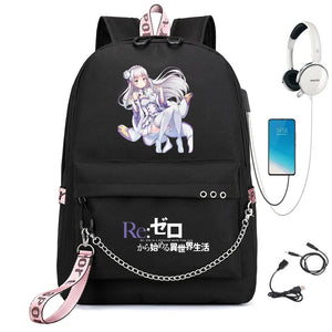 Re:Zero Nylon Backpack USB Cartoon Teenger Schoolbag