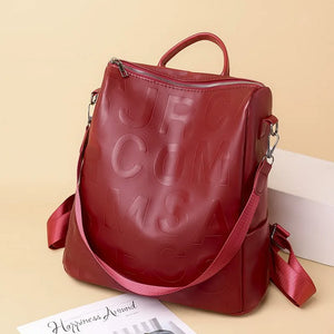 Red Bags For Women Zipper Ladies Backpack PU Leather School Bag