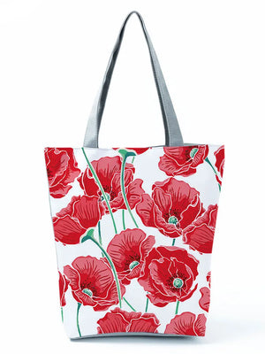 Red Floral Printed Handbag Eco Reusable Foldable Shopping Bag