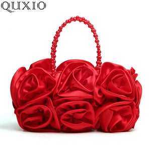 Red Rose Bush Satin Evening Bag Beaded Handle Totes Wedding Handbag