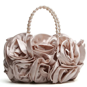 Red Rose Bush Satin Evening Bag Beaded Handle Totes Wedding Handbag