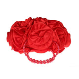 Red Rose Bush Satin Evening Bag Beaded Handle Totes Wedding Handbag