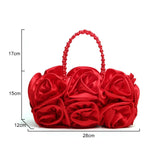 Red Rose Bush Satin Evening Bag Beaded Handle Totes Wedding Handbag