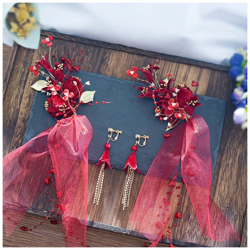 Red Flowers Hair Clip & Earring Set for Bridal Wedding