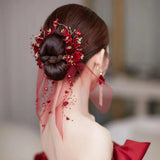 Red Flowers Hair Clip & Earring Set for Bridal Wedding