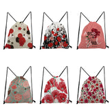 Red Flowers Printed Drawstring Backpack Mini Child School Bags Women Casual Spor