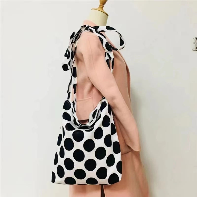 Red Polka Dots Cotton Shoulder Bag for Woman Large Shopping Bag Handbags Tote