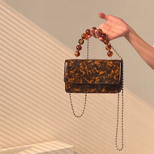 Retro Beaded Chain Small Handbags Ladies Mini Square Shoulder Crossbody Bags