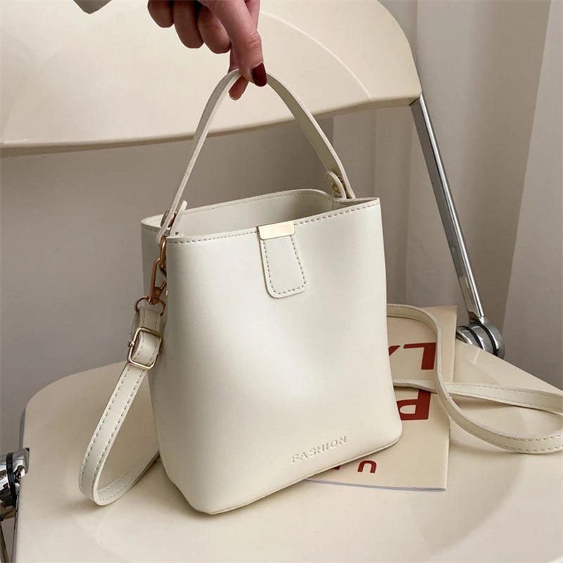 Retro Bucket Bag Ladies Shoulder Bag Solid Texture PU Messenger Bag