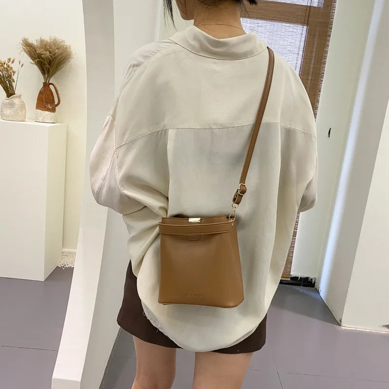 Retro Bucket Bag Ladies Shoulder Bag Solid Texture PU Messenger Bag