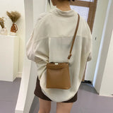 Retro Bucket Bag Ladies Shoulder Bag Solid Texture PU Messenger Bag