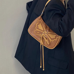 Retro Butterfly Women Half-Moon Shoulder Bag Brown PU Leather Handbag