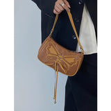 Retro Butterfly Women Half-Moon Shoulder Bag Brown PU Leather Handbag