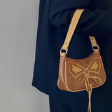 Retro Butterfly Women Half-Moon Shoulder Bag Brown PU Leather Handbag