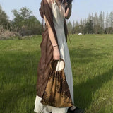 Retro Camellia Flower Printed Women's Bag Bamboo Portable Handbag