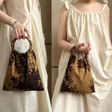 Retro Camellia Flower Printed Women's Bag Bamboo Portable Handbag