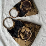 Retro Camellia Flower Printed Women's Bag Bamboo Portable Handbag